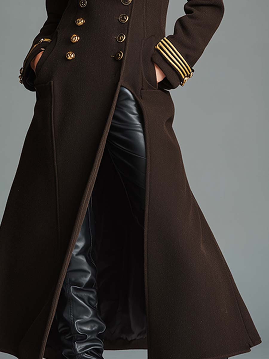 Chic Manteau Long Classique en Luxe avec Col en Fourrure Synthétique Détachable - Marron Café