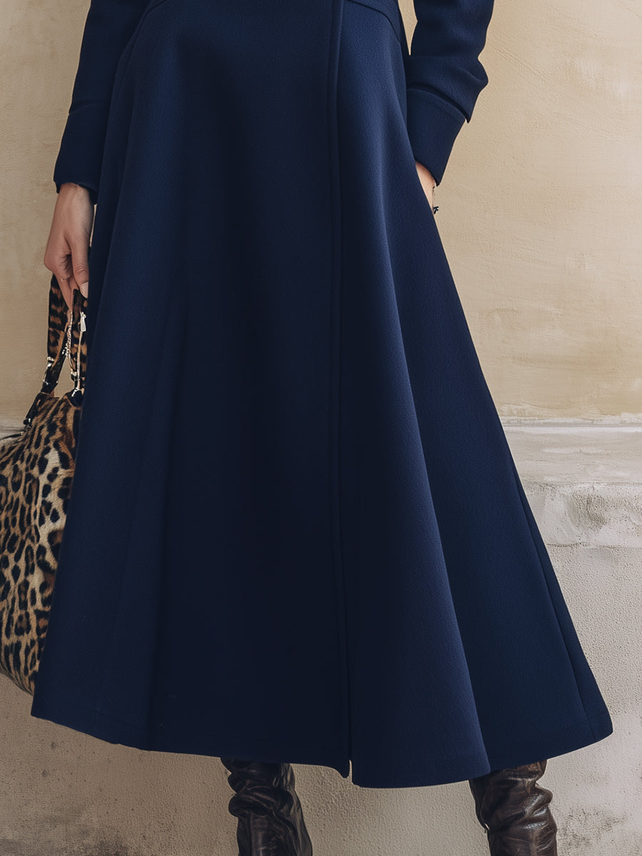 Chic Manteau Bleu Marine en Laine avec Col en Fausse Fourrure Imprimé Léopard