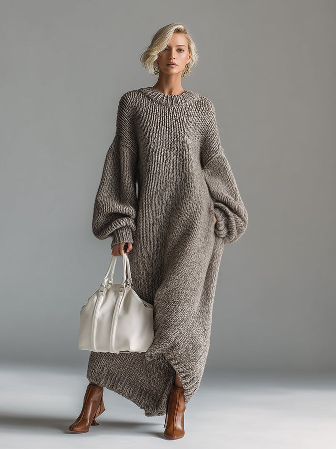Robe Maxi Tricotée Khaki: Élégance Urbaine au Col Rond