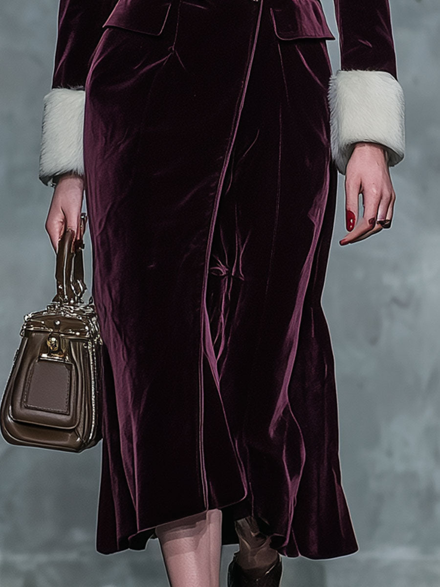 Veste en velours violet à double boutonnage avec col en fourrure rétro chic