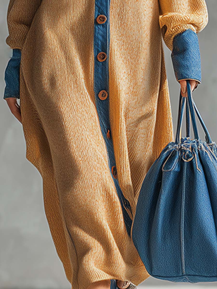 Robe Maxi Tricotée Style Cardigan avec Éléments en Denim - Teinte Gingembre