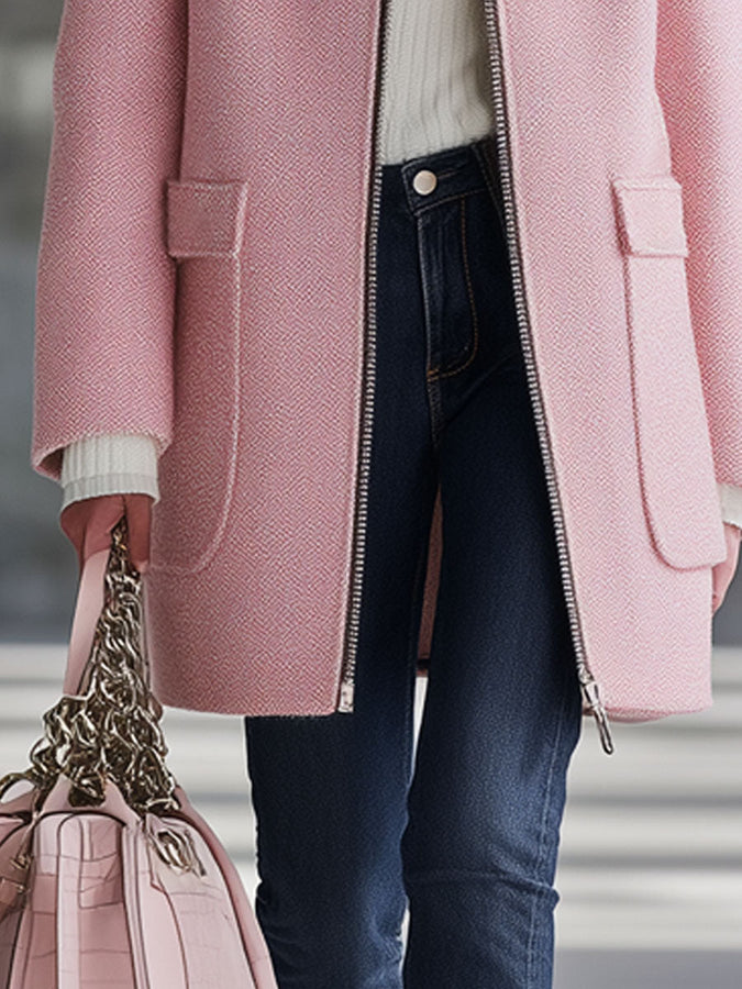 Veste en laine rose rétro à zip avec poches pratiques