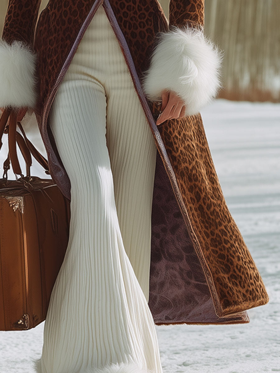 Veste Longue en Velours Léopard Marron au Style Rétro avec Col en Fourrure Synthétique