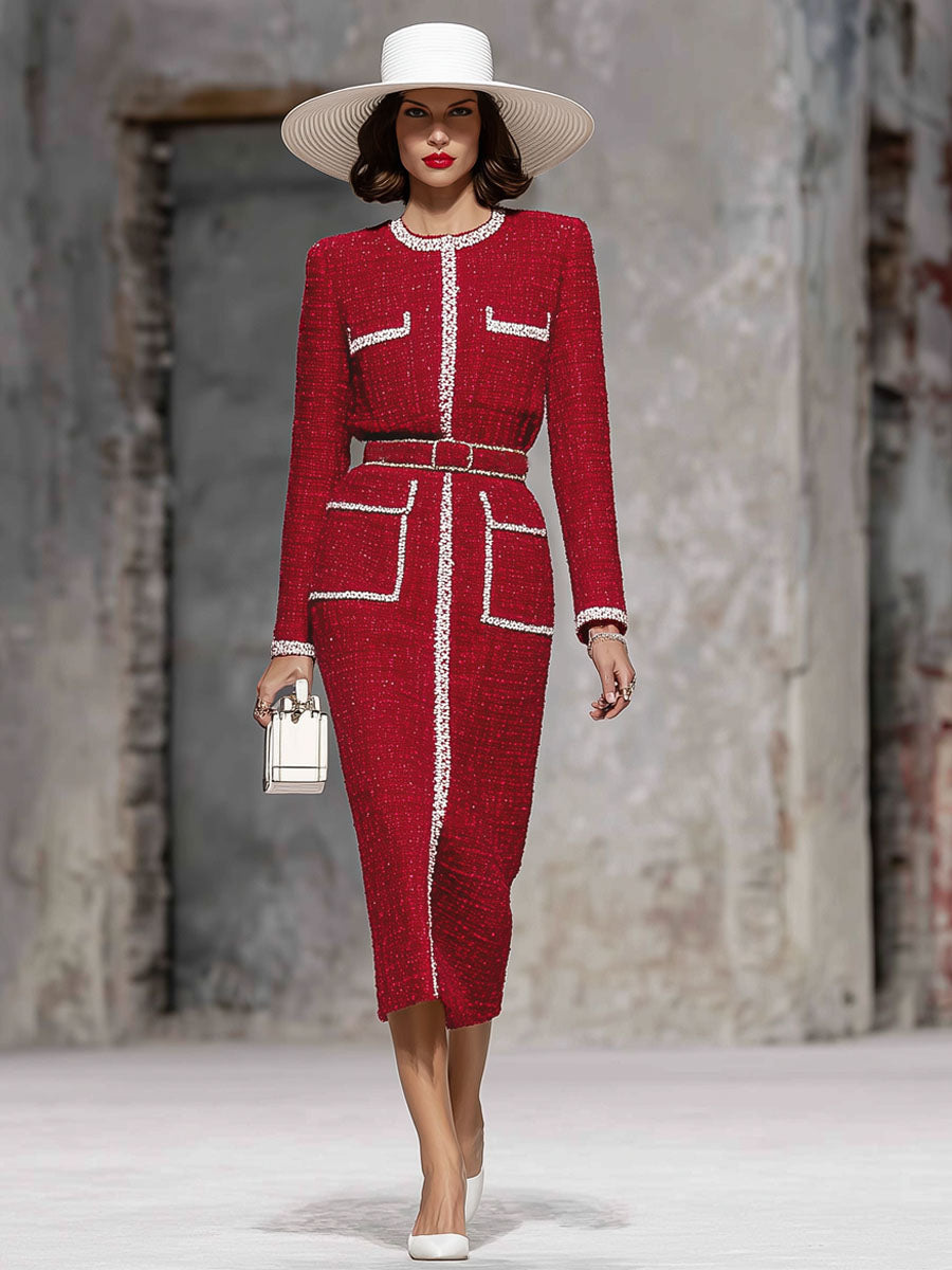 Robe Midi Élégante à Col Rond en Tissu Texturé