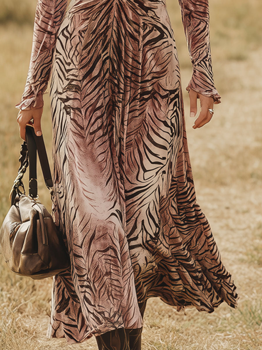 Robe Maxi A-Line en Velours Imprimé Zebra Rose - Style Rétro Western à Manches Longues