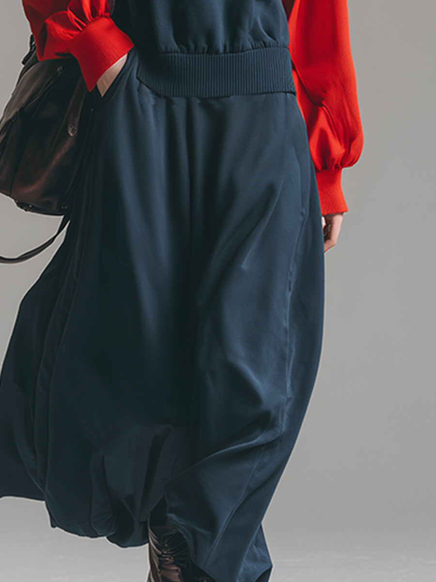 Robe Maxi Sport-Chic en Sweatshirt Bleu Foncé avec Manches Raglan Contrastées