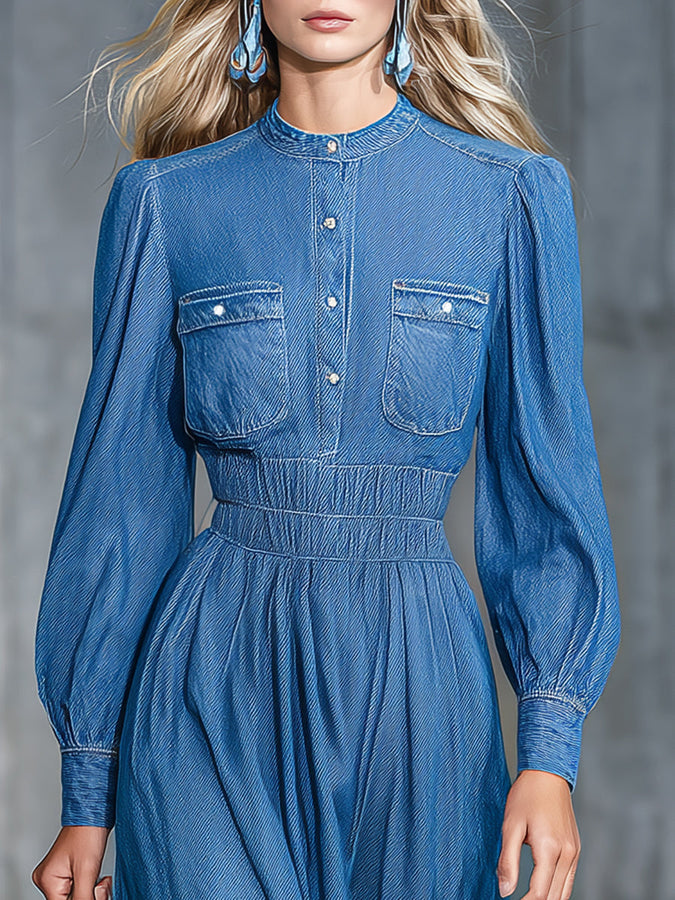 Robe Midi en Jean à Encolure Ronde - Confort Élastique et Style Décontracté
