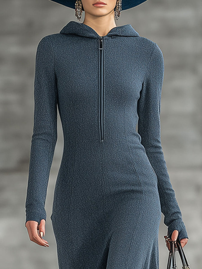 Robe Midi Vintage en Velours Texturé Bleu Foncé avec Capuche et Fente