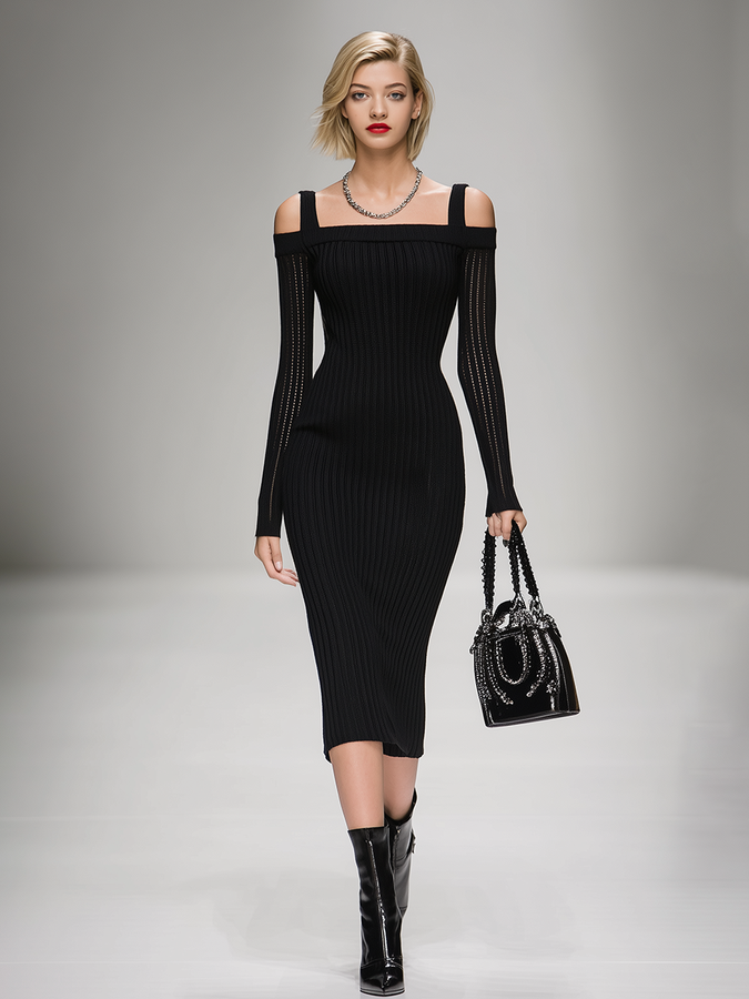 Élégante Robe Midi Tricot Ribs à Manches Longues