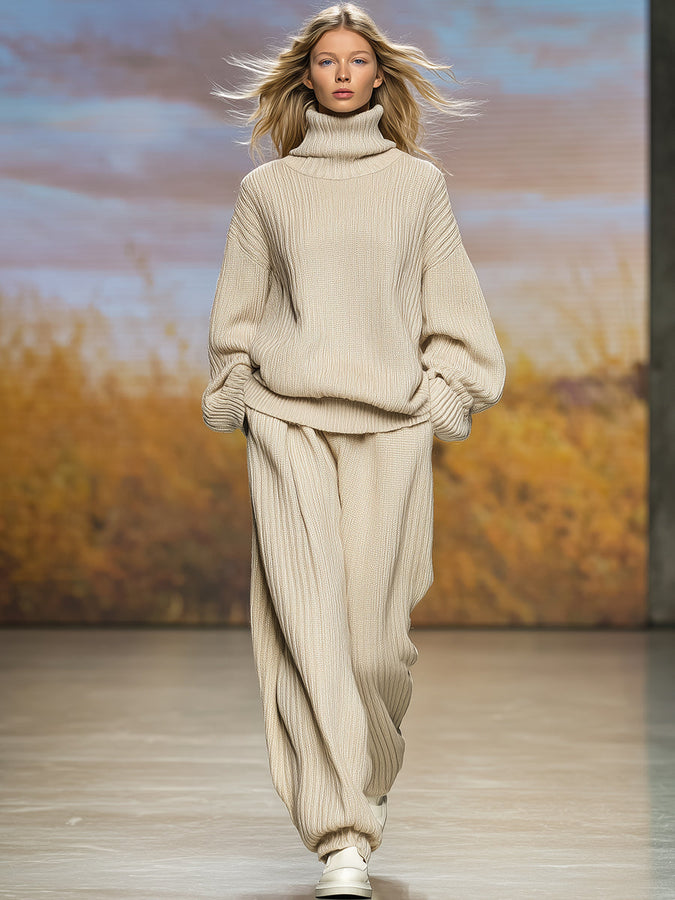 Ensemble Décontracté Beige en Tricot avec Col Roulé et Pantalon