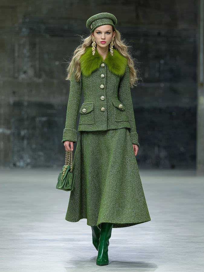 Ensemble Chic en Tweed : Jupe et Veste avec Col en Fausse Fourrure - Style Rétro