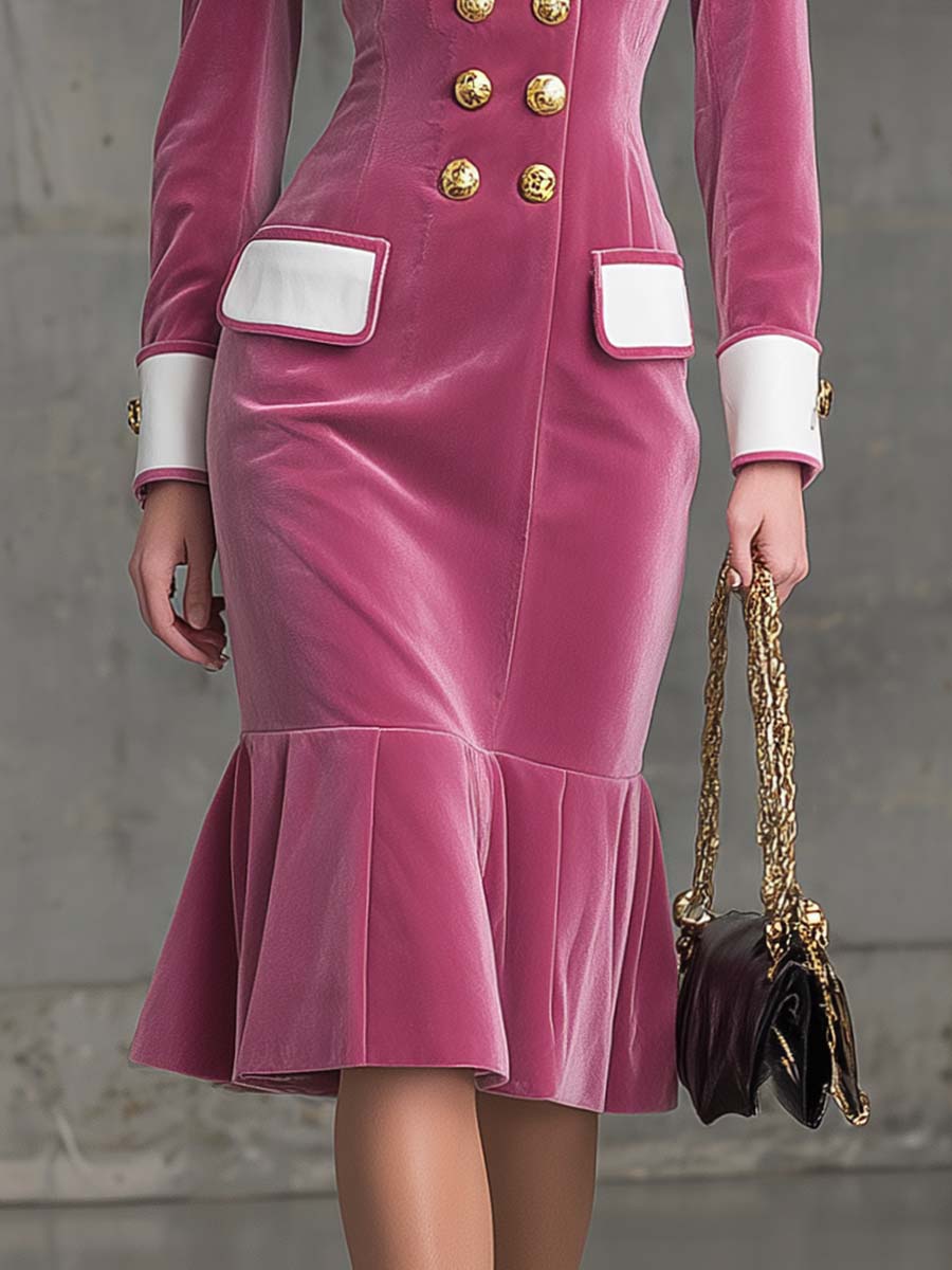 Robe Midi en Velours Rose à Col Notch et Boutonnage Double - Élégance Rétro avec Ourlet en Feuille de Lotus