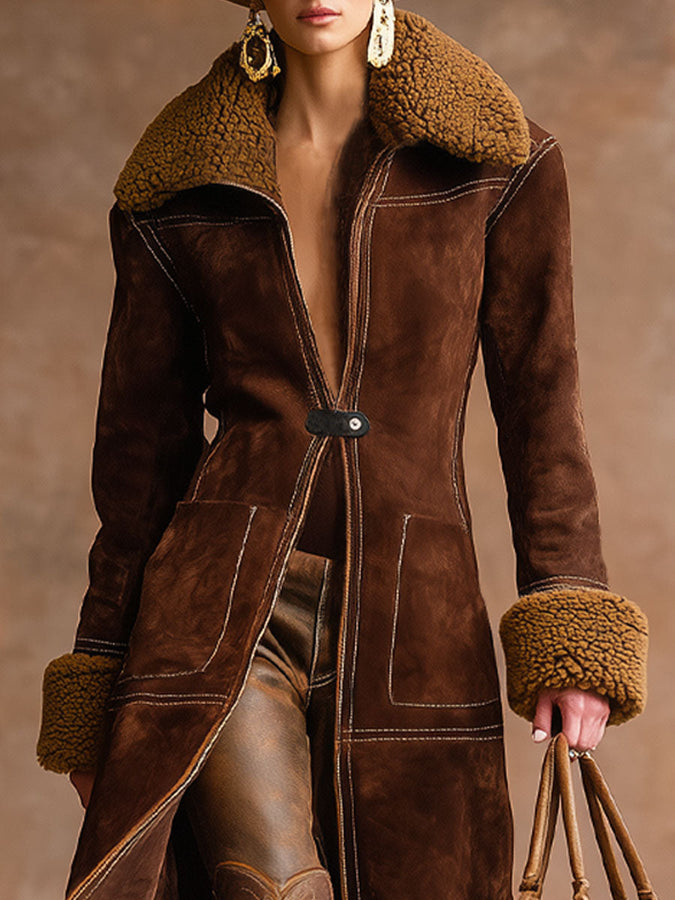 Veste en Faux Suède et Sherpa avec Poches Doubles à Rabat