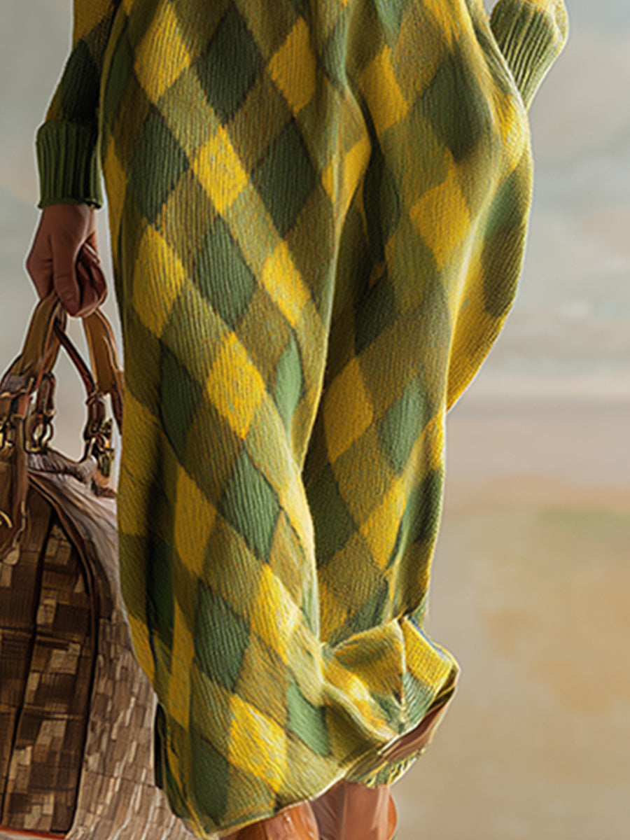 Maxi Robe Tricotée à Carreaux Jaunes et Verts avec Col Rétro Chic