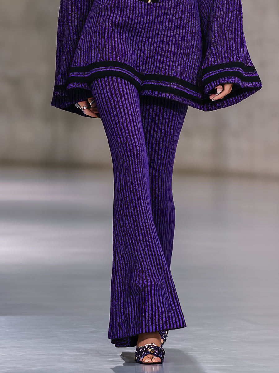 Chic et Tendance : Ensemble Haut Tricoté à Demi-Zip et Pantalons Évasés Violets