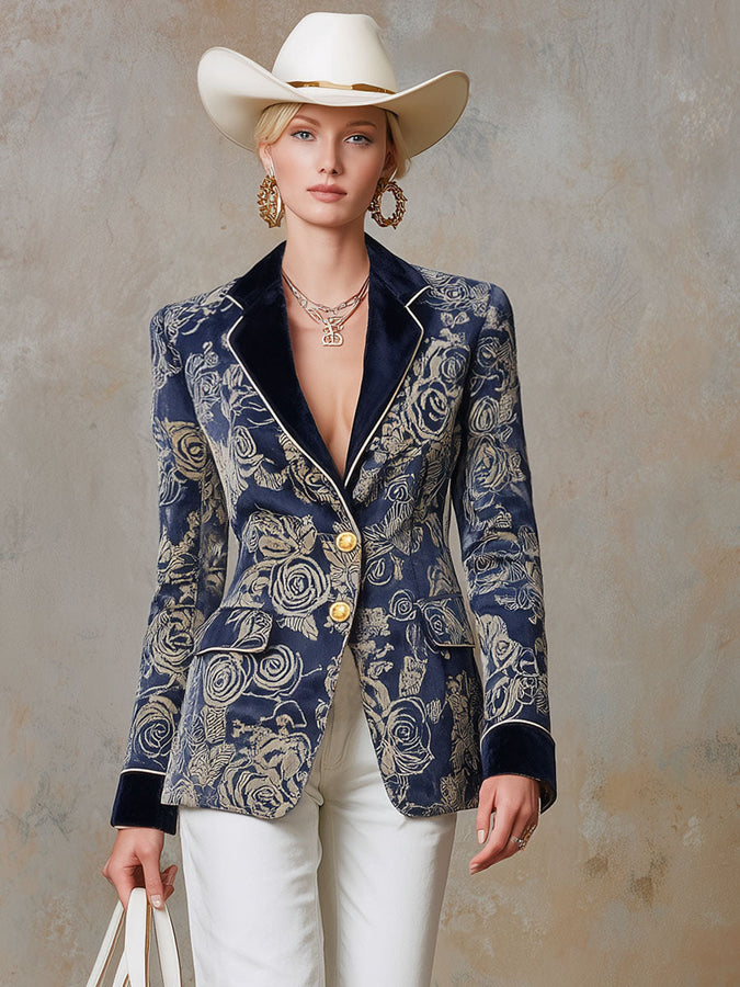 Blazer en velours rétro à imprimé rose avec couture contrastée