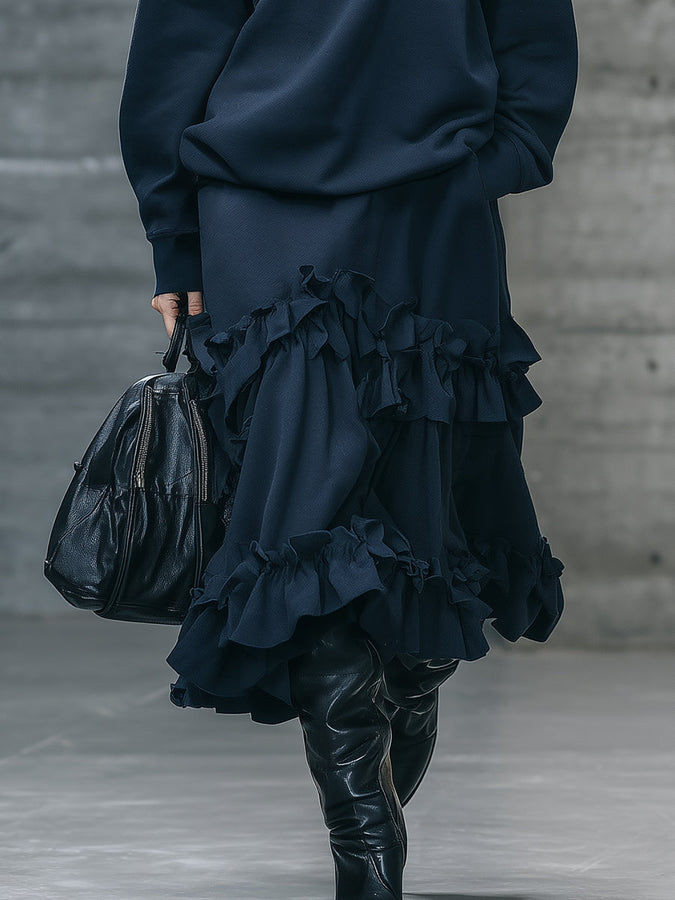 Ensemble Sportif Élégant : Sweatshirt à Revers et Jupe Volante Bleu Foncé
