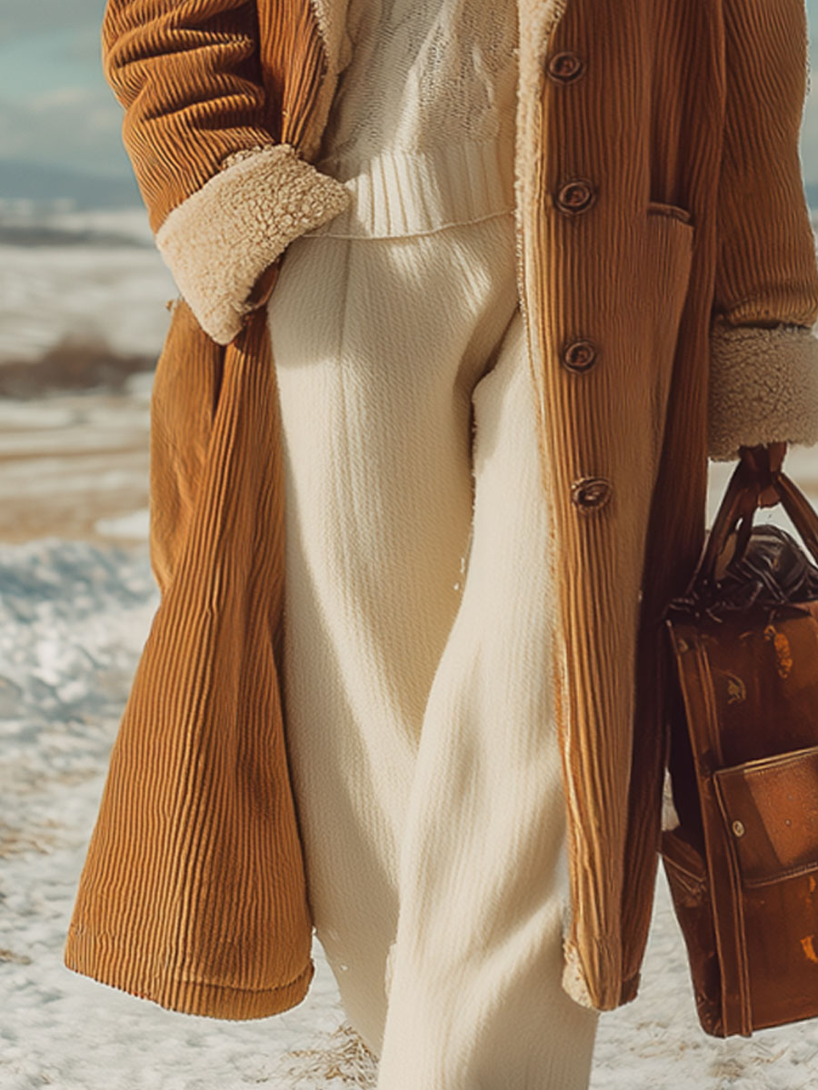 Veste Rétro en Velours Côtelé Camel avec Doublure Polaire