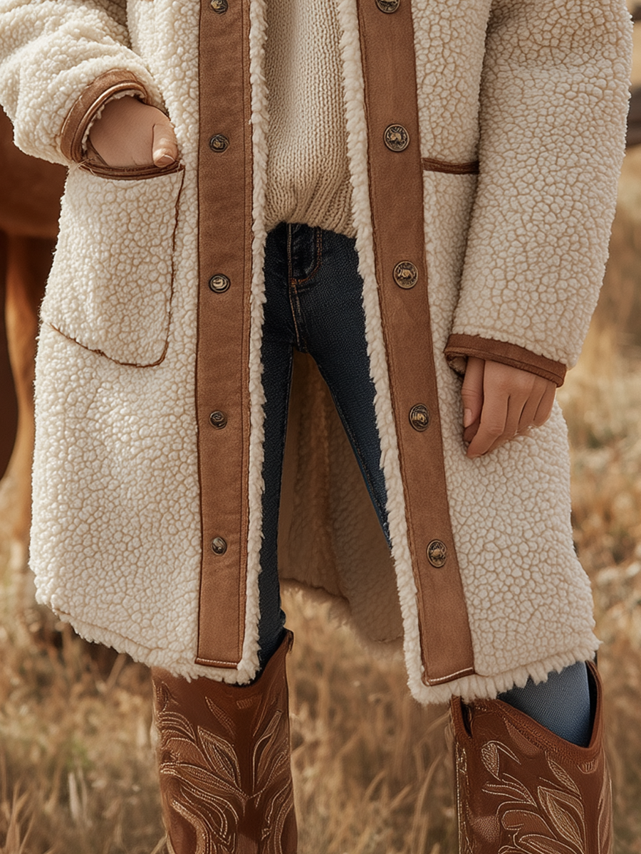 Veste Sherpa Vintage à Col Revers de Style Western