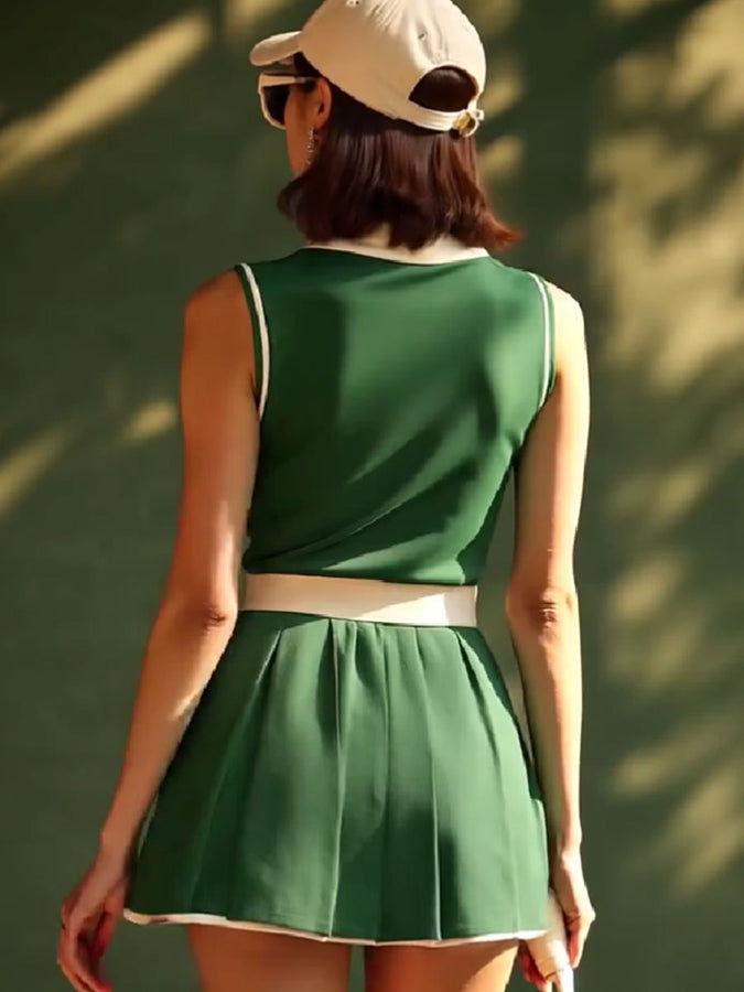 Robe Mini Sans Manches Verte à Col Polo avec Détails Blancs - Expédition Rapide en 24 Heures