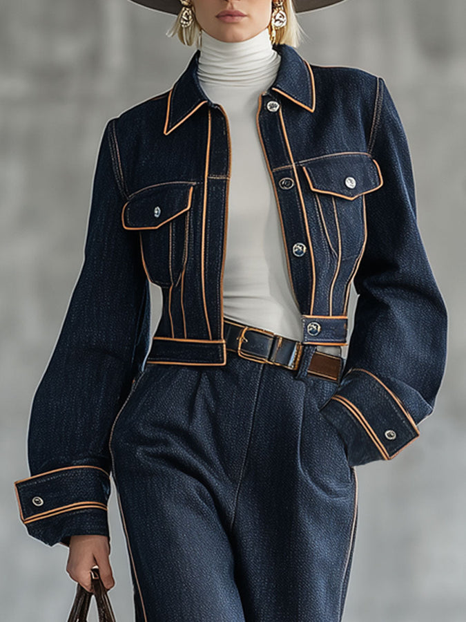 Ensemble Chic en Jean Marine avec Détails Rétro et Pantalon Court
