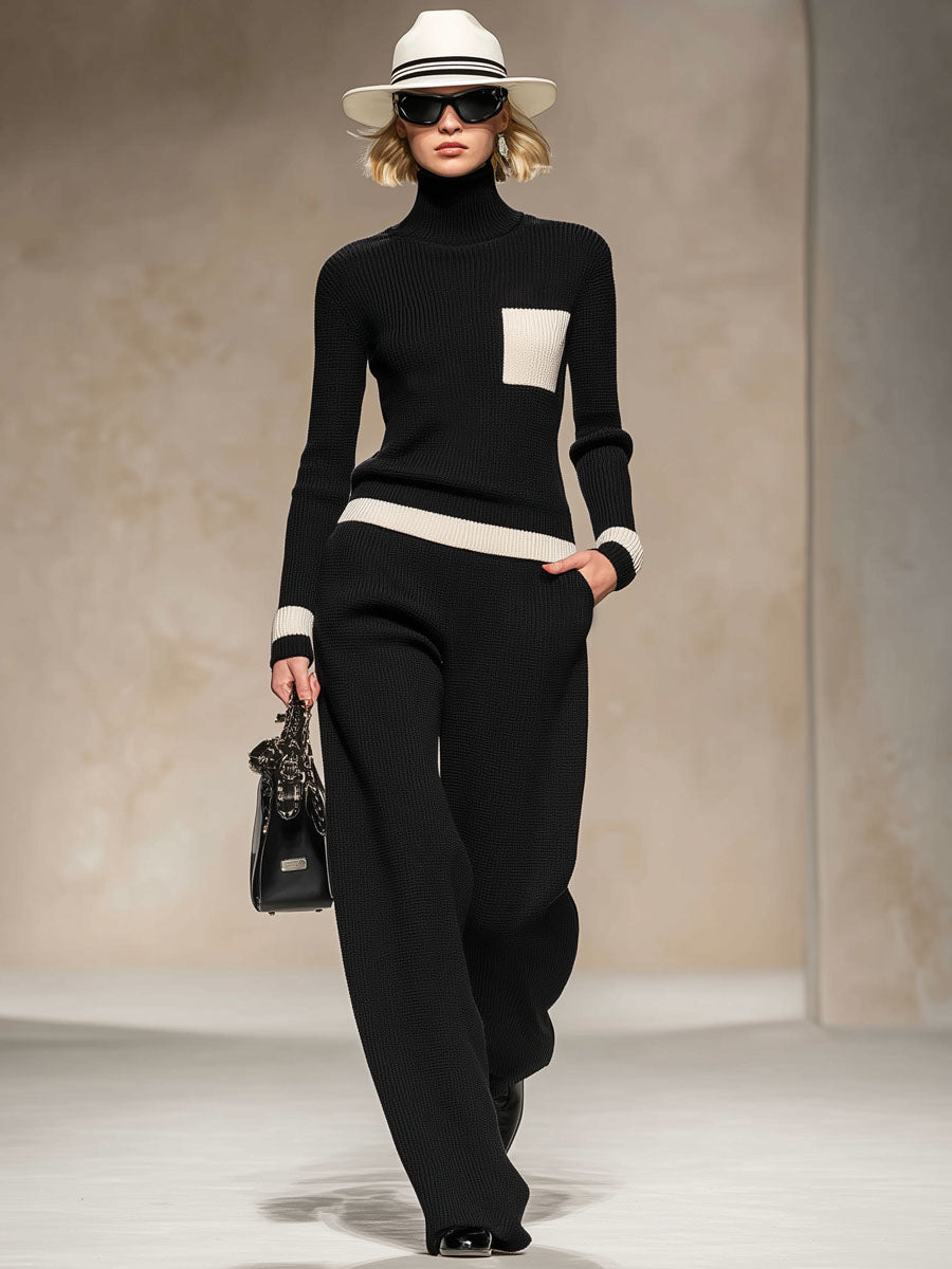 Ensemble Tricoté Élégant : Pull Col Roulé Contrasté et Pantalons Amples