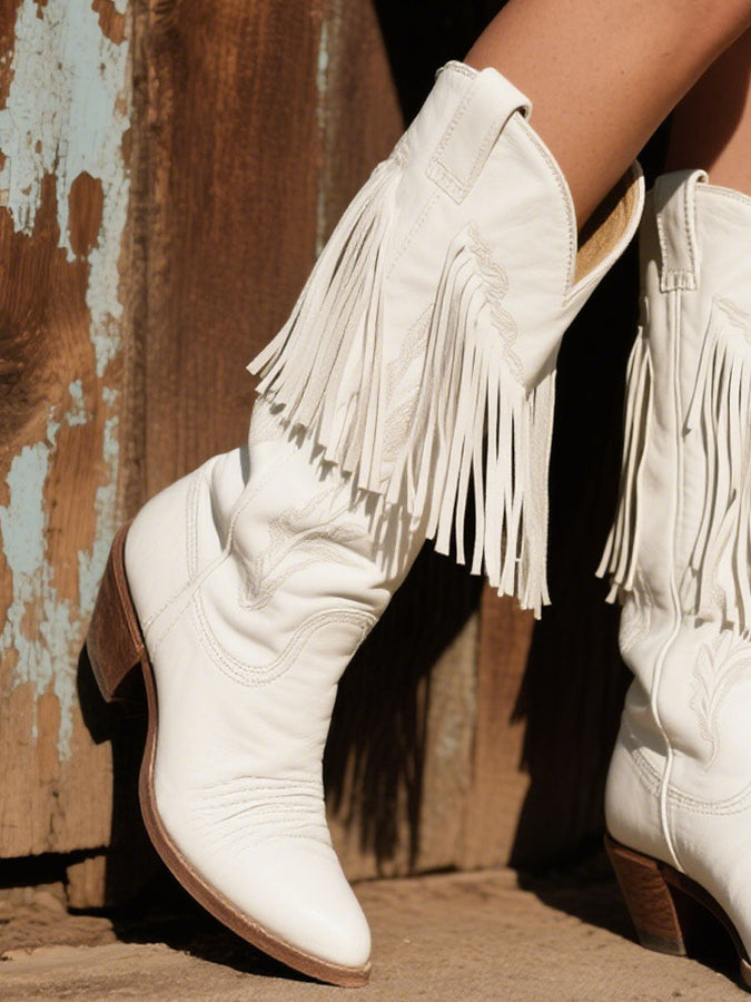 【Expédition rapide en 24 heures】Bottes de cowboy en cuir ornées de broderies et de franges pour femmes