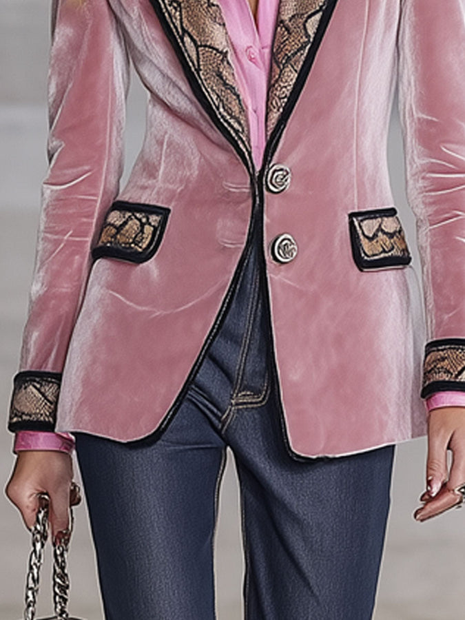 Veste en Velours Rose au Motif Serpent Style Western Rétro