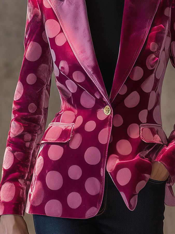 Élégant Blazer Rétro en Velours à Pois - Bouton Unique