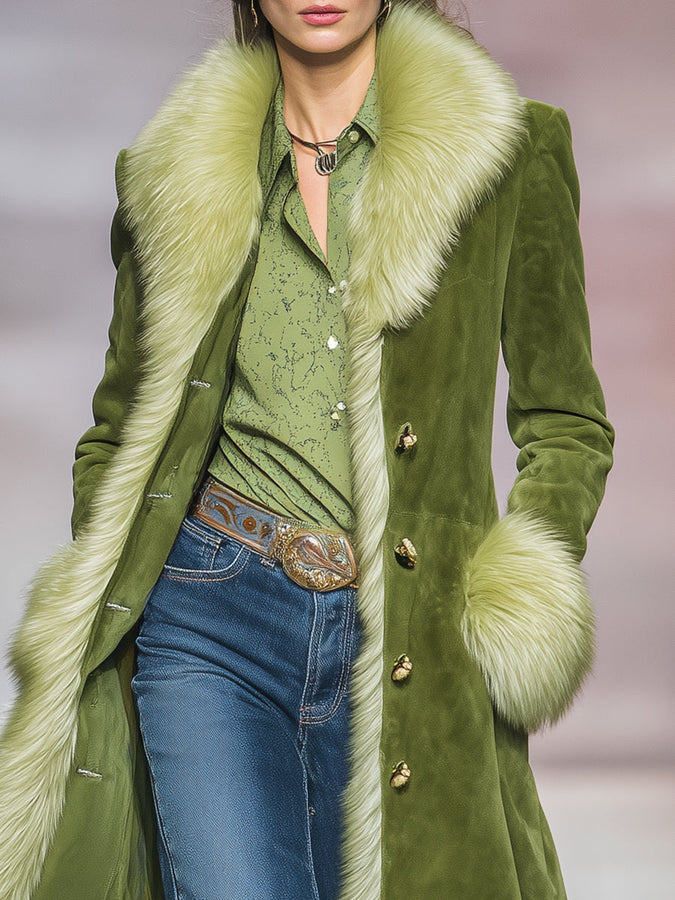 Veste Longue en Suédine Verte avec Éléments de Fourrure Vintage
