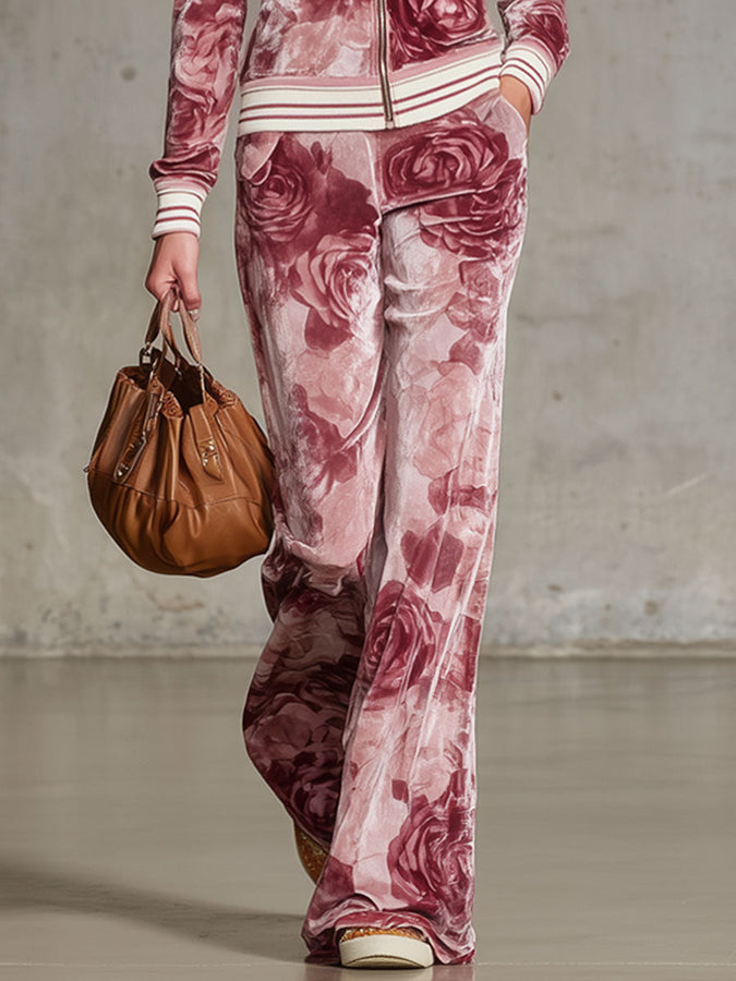Ensemble Chic en Velours Imprimé Rose : Haut à Col Revers et Pantalon Élégant avec Fermeture Éclair