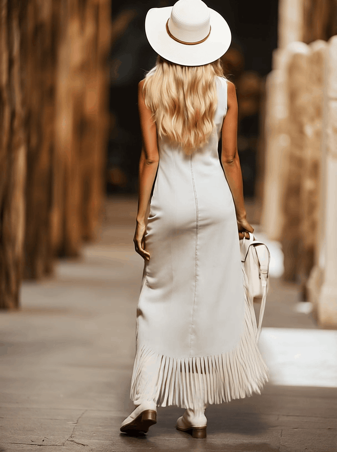 Robe Midi Sans Manches en Denim Blanc avec Broderie Vintage Marron et Franges - Expédition Rapide en 24 Heures