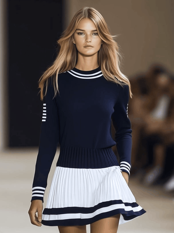 Robe Mini Sportive à Col Rond Bicolore Bleu Marine et Blanc - Expédition Rapide en 24 Heures