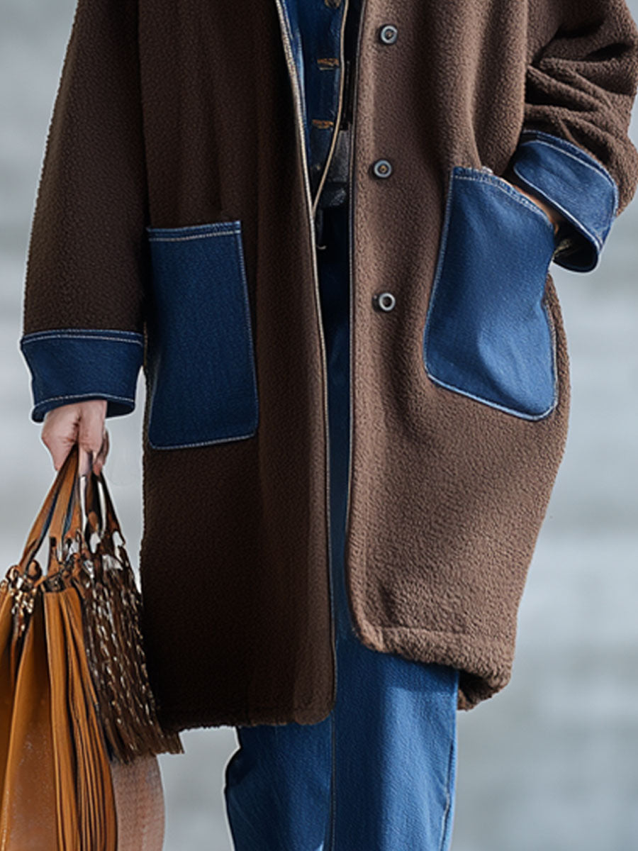 Veste en polaire chocolat avec patchwork en denim - Style nomade urbain rétro
