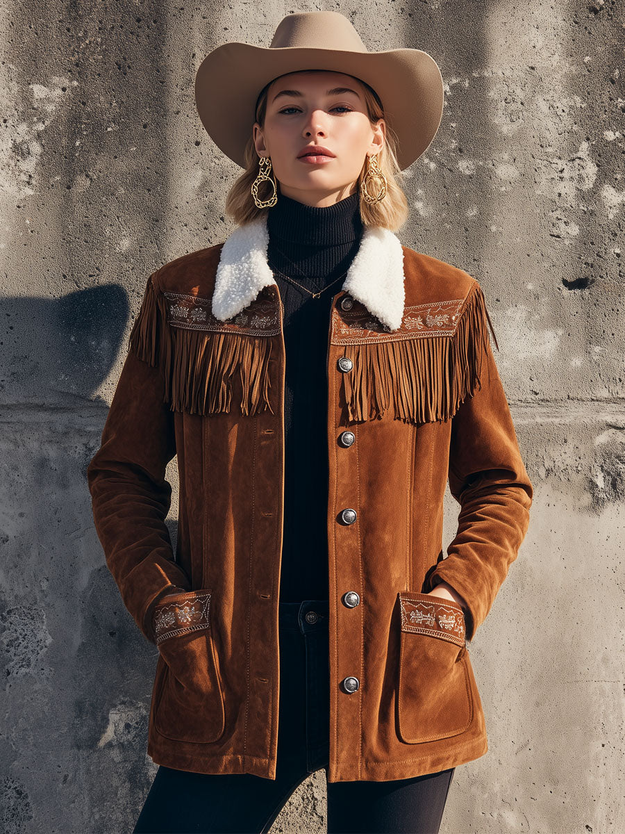 Veste Western en Suédine Brodée avec Col Sherpa
