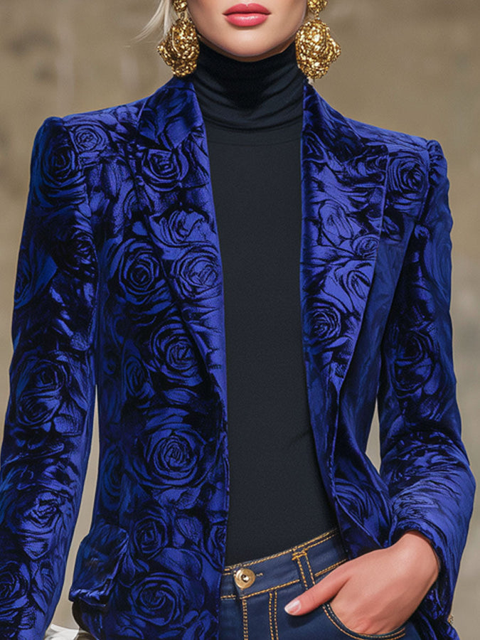 Veste en Velours à Revers Imprimé Rose et Bleu Royal
