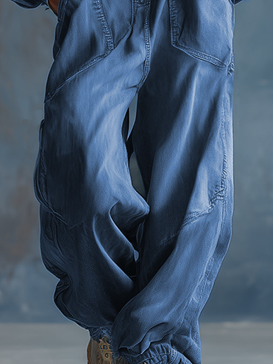 Combinaison Décontractée en Denim Bleu à Capuche avec Boutons et Manches Longues