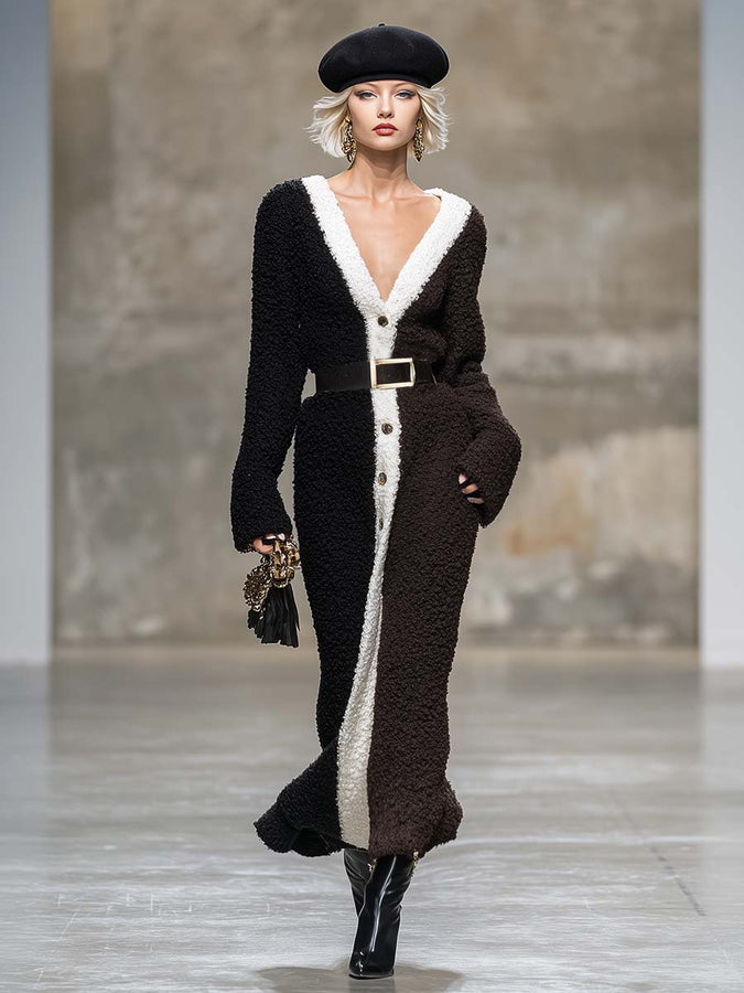 Robe Maxi en Fleece Polaire Chocolat avec Décolleté en V et Fermeture à Boucle