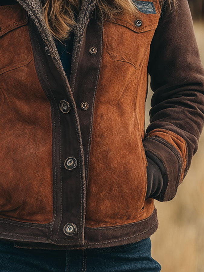 Veste en Polaire Fausse Suède Chocolat Caramel - Style Vintage Western