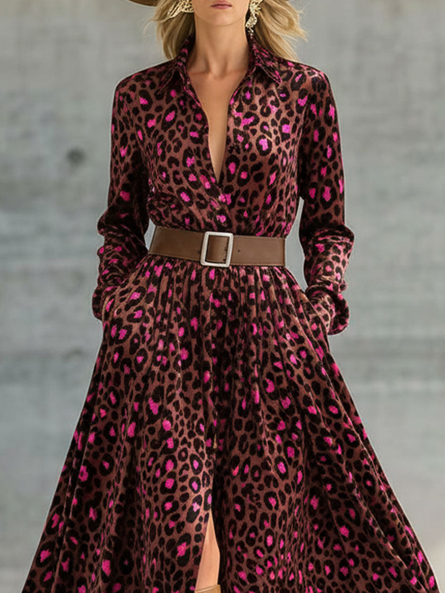 Robe Maxi en Velours Léopard Marron au Style Rétro