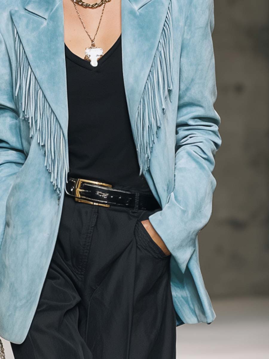 Veste en Suède Bleu Clair au Style Vintage Western avec Franges Élégantes