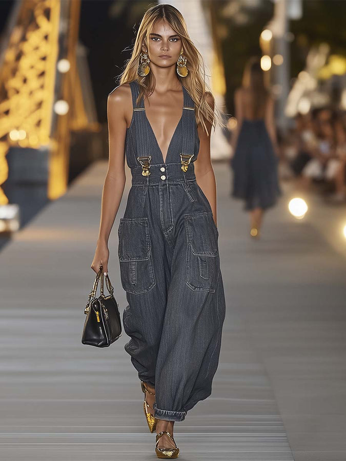 【Expédition rapide en 24h】Salopette en denim décontractée à décolleté en V - Tendance et stylée !