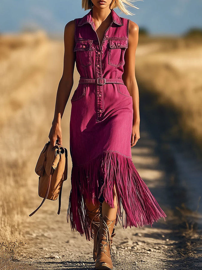 Robe Midi Décontractée en Denim Fuchsia : Sans Manches, Franges et Lacets - Expédition Rapide en 24 Heures !