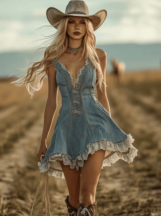 Robe Mini en Denim Bleu Clair avec Dentelle et Décolleté en V - Livraison Rapide en 24 Heures !
