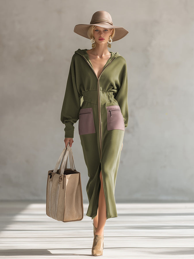 Robe Maxi Élégante à Manches Longues et Capuche - Vert Olive, Silhouette Ajustée