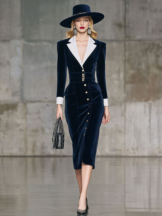 Robe Midi en Velours Bleu Élégante avec Détails Contrastés et Col Raffiné