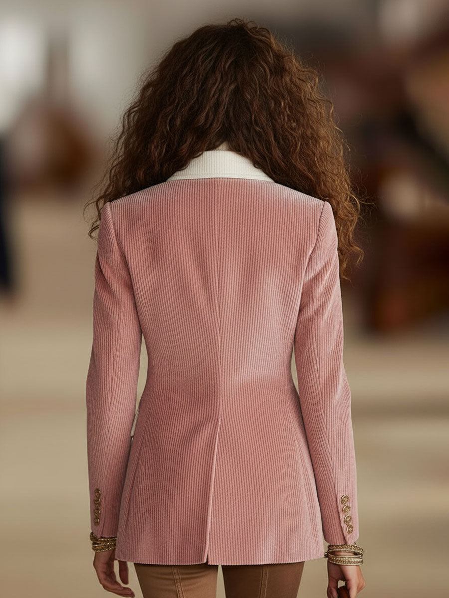 Blazer Casual en Velours Côtelé à Bouton Unique avec Détails Contrastés