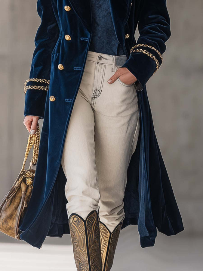 Veste en Velours Bleu Foncé avec Revers Ample et Boutons Dorés au Style Western Rétro