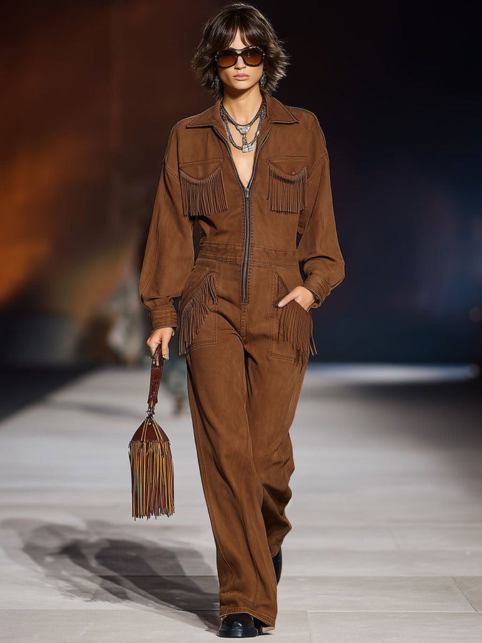Salopette Rétro en Denim Caramel à Manches Longues avec Poches à Franges