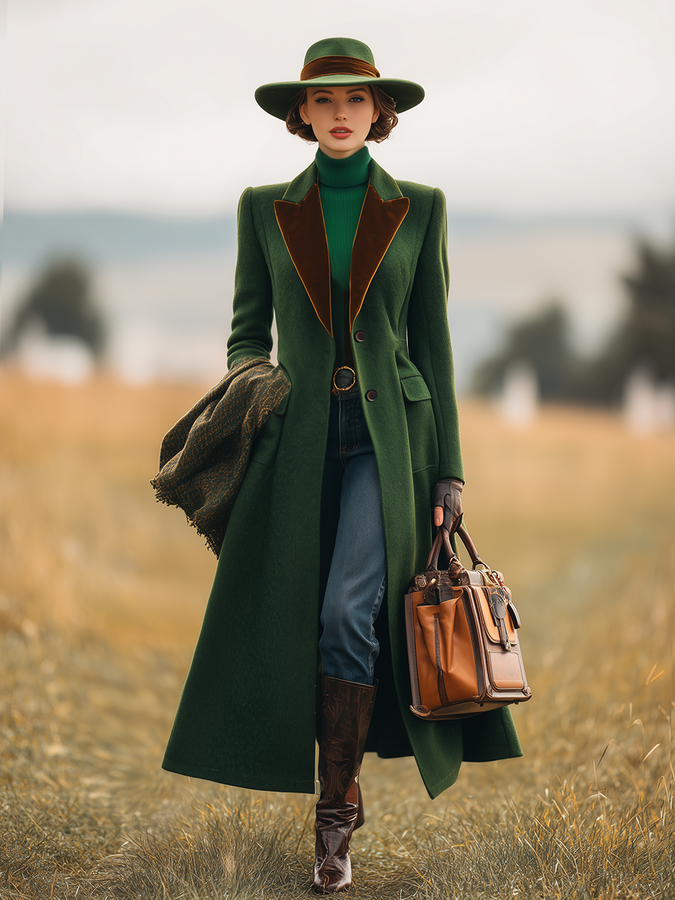 Chic Manteau Long en Laine avec Revers Contrasté - Style Rétro Élégant